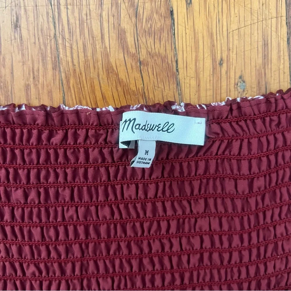 Madewell Lucie Smocked Button-Front Midi Dress Batik Vine red puff sleeves M NEW - Picture 2 of 3